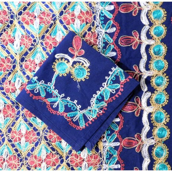 Aghabani Tablecloth & 12 Napkins Set Multicolor Embroidered on Blue 96x56 Inches - Picture 14 of 14